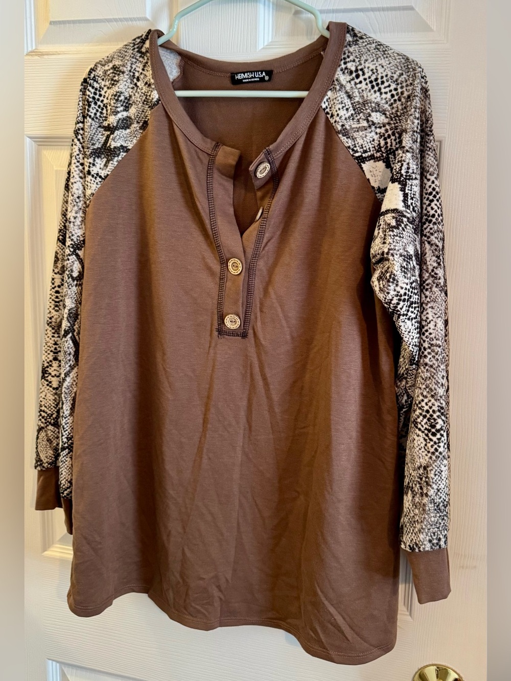 HEIMISH USA Brown Top with Snake-Print Sleeves